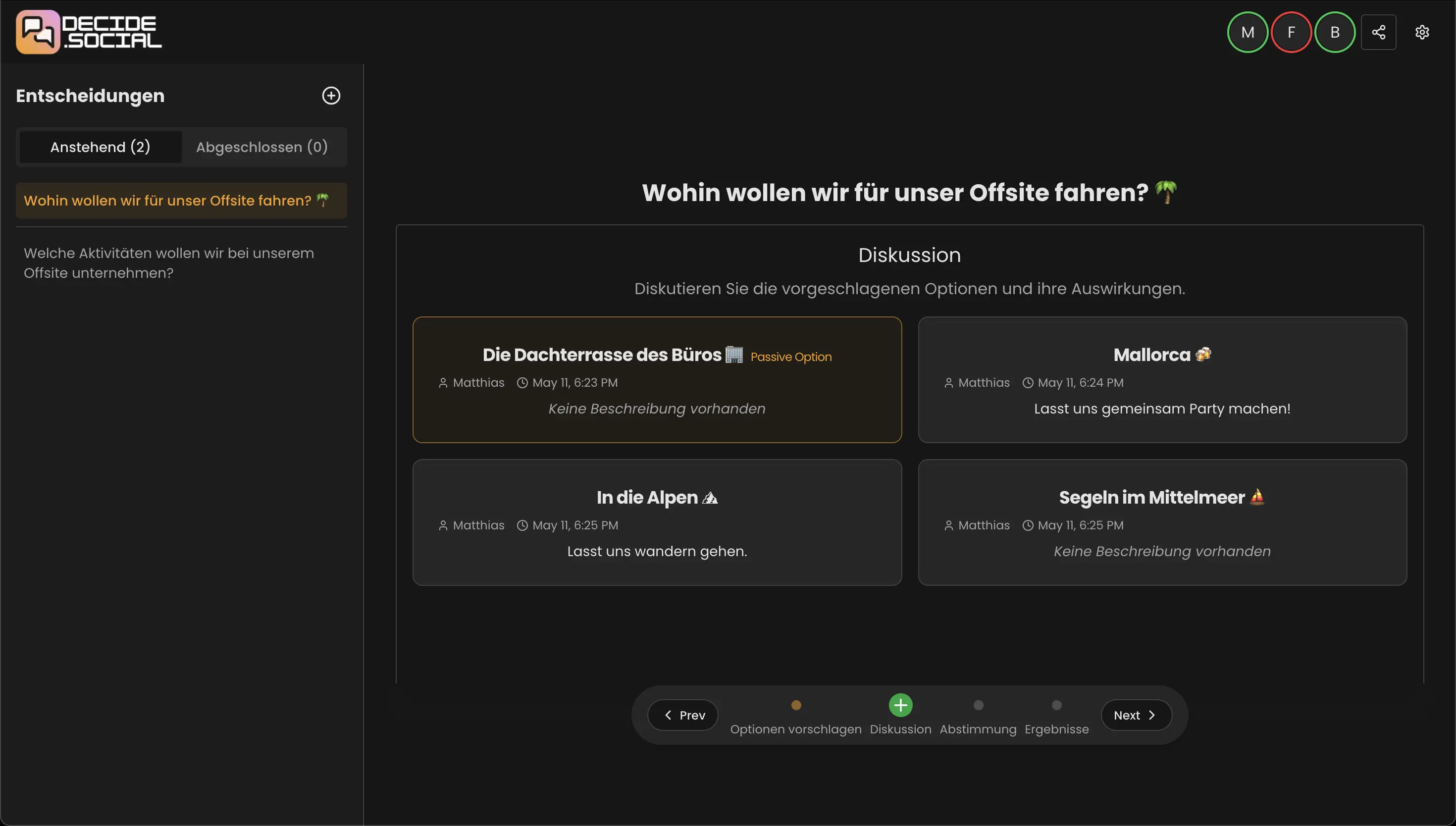 A dark-themed web application interface titled "decide.social" is displayed. The main section shows a decision-making process using an online resistance survey.
